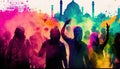 Holi festival celebration, people colorful silhouettes smear and drench each other with colours