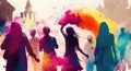 Holi festival celebration, people colorful silhouettes smear and drench each other with colours Royalty Free Stock Photo