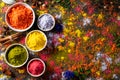 Holi festival celebration. Traditional Indian Holi colours powder decoration with paints. Top view of Organic Gulal colors in Royalty Free Stock Photo