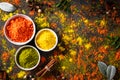 Holi festival celebration. Traditional Indian Holi colours powder decoration with paints. Top view of Organic Gulal colors in Royalty Free Stock Photo