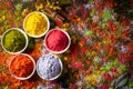 Holi festival celebration. Traditional Indian Holi colours powder decoration with paints. Top view of Organic Gulal colors in Royalty Free Stock Photo