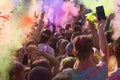 Holi festival with colorful hands.