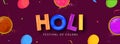 Holi Festival of Colors Banner or Header Design with Top View of Color Bowls and Balloons Decorated on Dark Pink