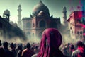 Holi festival the festival of colors with crowd people and colorful powder in the Indian town Generative AI