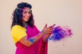 Holi Festival Of Colours. Portrait of happy indian girl in traditional hindu sari on holi color . india woman silver Royalty Free Stock Photo