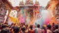 Holi festival, indian people throwing colorful powder in front of an Indian temple