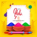 holi festival illustration with colorful liquid splatter, gulal in clay pot and watergun, pichkari on yellow background Royalty Free Stock Photo