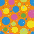 Holi festival inspired paint spatter circles seamless vector pattern background. Irregular tropical color painterly