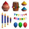 Holi festival isolated elements. Set of traditional indian festival objects. Isolated pichkari, dhol, gulal, balloons and pennant Royalty Free Stock Photo