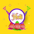 Holi Greeting Card Design with Splashing Water Guns (Pichkari), Mud Pots Full of Dry Colors (Gulal) on Yellow Royalty Free Stock Photo