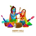 Holi greetings with joyful krishna and radha playing with colors design