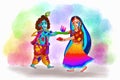 Holi greetings with joyful krishna and radha playing with colors design