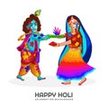 Holi greetings with joyful krishna and radha playing with colors design