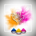 Holi Hai Hindi Font Message Greeting Card with Three Bowls Full of Dry Colors against Yellow and Pink Colours Splash