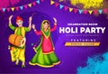 illustration of couple playing Bhangra in disco party banner poster invitation for Happy holi festival of India