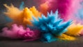 Holi Powder Burst: An explosive moment captured as colored powder erupts into the air during Holi festivities.