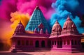 Holi powder clouds against traditional Indian architecture, emphasizing the integration of vibrant colors into the Royalty Free Stock Photo