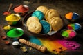 Holi Theme - Colorful Gulal, Abeer Or Abir With Shahi Mithai Gujia Or Gujiya, Crispy Snacks Namkeen Also Called Nimki, Mathri,