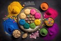 Holi Theme - Colorful Gulal, Abeer Or Abir With Shahi Mithai Gujia Or Gujiya, Crispy Snacks Namkeen Also Called Nimki, Mathri,