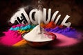 HOLI\' word written by power color along with holi special sweet- Gujia and Bhaang milk, AI generated