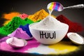 HOLI\' word written by power color along with holi special sweet- Gujia and Bhaang milk, AI generated