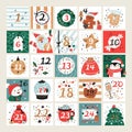 Holiday advent calendar. Christmas poster with funny numbers. New Year characters and decorations. Santa present