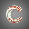 Holiday alphabet letter C uppercase. Christmas font made of peppermint candy canes. 3D render.