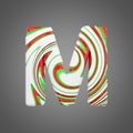 Holiday alphabet letter M uppercase. Christmas font made of peppermint candy canes. 3D render.