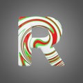 Holiday alphabet letter R uppercase. Christmas font made of peppermint candy canes. 3D render.