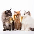 Holiday, anniversary, birthday, congratulations, cats clink glasses of champagne, close-up on white