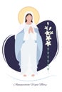 Greeting card. Holiday - Annunciation Virgin Mary. Mother of Jesus Christ pray accepting the good news. Mary and lily. Vector Royalty Free Stock Photo