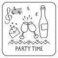 Holiday attributes for a party time. A bottle of wine, glasses, music. Vector illustration in Doodle style