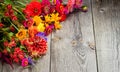 Holiday autumn bouquet. Frame of colorful flowers arranged on old wooden background. Royalty Free Stock Photo