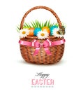 Holiday background with basket full of Easter eggs. Royalty Free Stock Photo