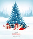 Holiday background with a blue Christmas tree and presents Royalty Free Stock Photo