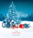 Holiday background with a blue Christmas tree and presents. Royalty Free Stock Photo