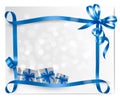 Holiday background with blue gift bow with gift bo Royalty Free Stock Photo