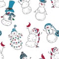 Holiday background with cartoon Snowmen on white. Seamless vector pattern. Perfect for holiday invitations, postcards, cover Royalty Free Stock Photo