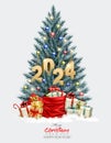 Holiday background with Christmas blue tree with garland and a gold 2024