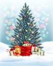 Holiday background with Christmas blue tree with garland and presents. Royalty Free Stock Photo