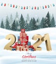 Holiday background with christmas tree made out of colorful gift boxes and presents and winter landscape. Royalty Free Stock Photo