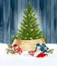 Holiday background with a Christmas tree and presents with santa Royalty Free Stock Photo