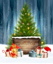 Holiday background with a Christmas tree and presents with santa Royalty Free Stock Photo