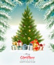 Holiday background with a Christmas tree and presents.