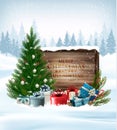 Holiday background with a Christmas tree and presents. Royalty Free Stock Photo