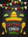 Holiday Background with Collection Mexican Colorful Symbols for Cinco de Mayo