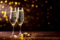 Holiday background with glasses of champagne on a black and gold background with copy space. Party or holiday concept Royalty Free Stock Photo