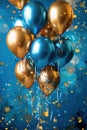 Holiday background with golden and blue metallic balloons, confetti and ribbons. Festive card for birthday party, anniversary, new
