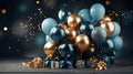 Holiday background with golden and blue metallic balloons, confetti and ribbons. Festive card for christmas Royalty Free Stock Photo