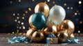 Holiday background with golden and blue metallic balloons, confetti and ribbons. Festive card for christmas Royalty Free Stock Photo